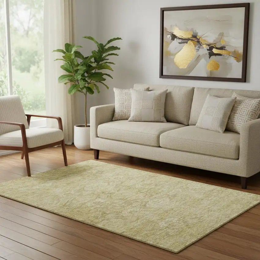 Wheat And Beige Damask Washable Area Rug With UV Protection Photo 2