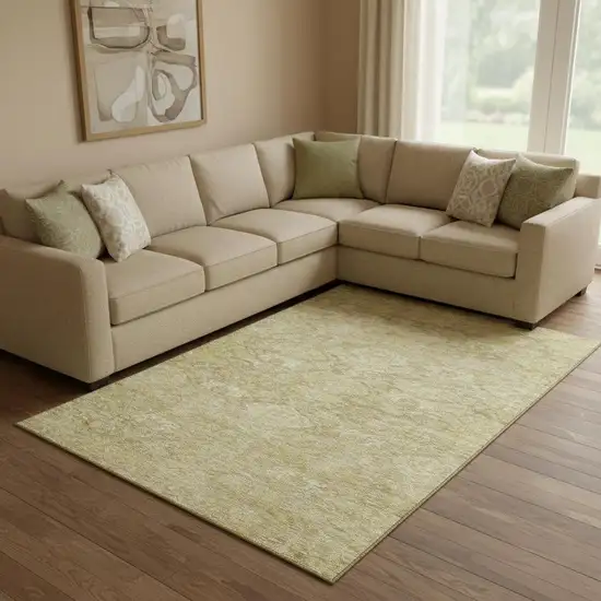 Wheat And Beige Damask Washable Area Rug With UV Protection Photo 2