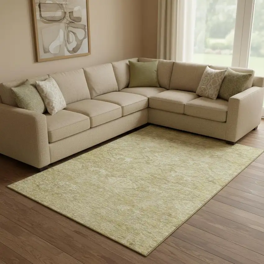 Wheat And Beige Damask Washable Area Rug With UV Protection Photo 2