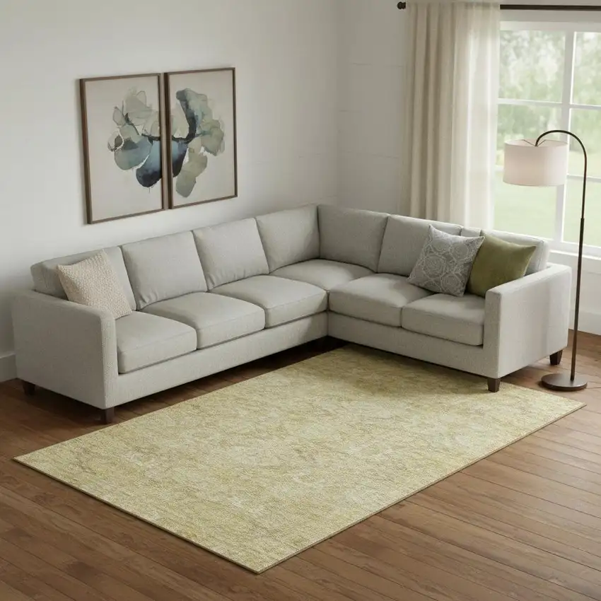 Wheat And Beige Damask Washable Area Rug With UV Protection Photo 2