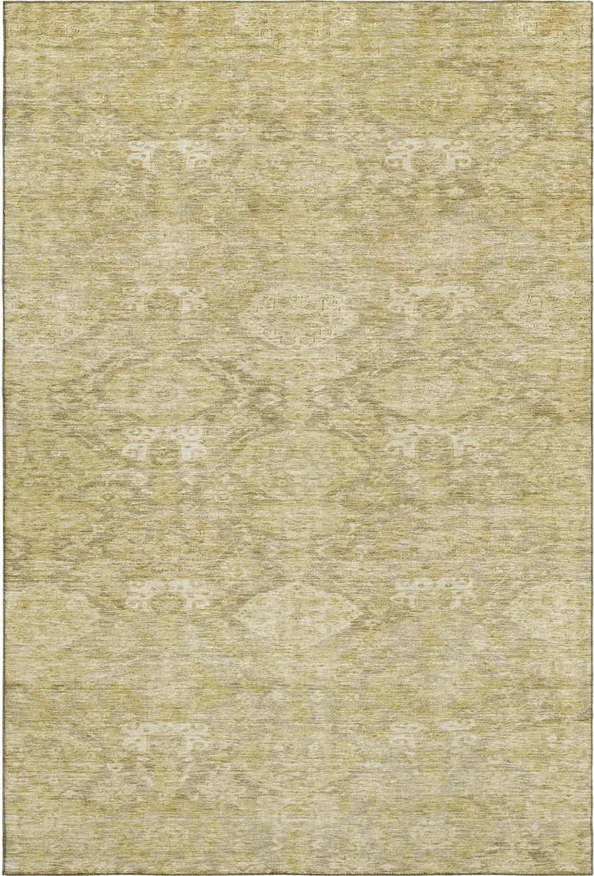 Wheat And Beige Damask Washable Area Rug With UV Protection Photo 1