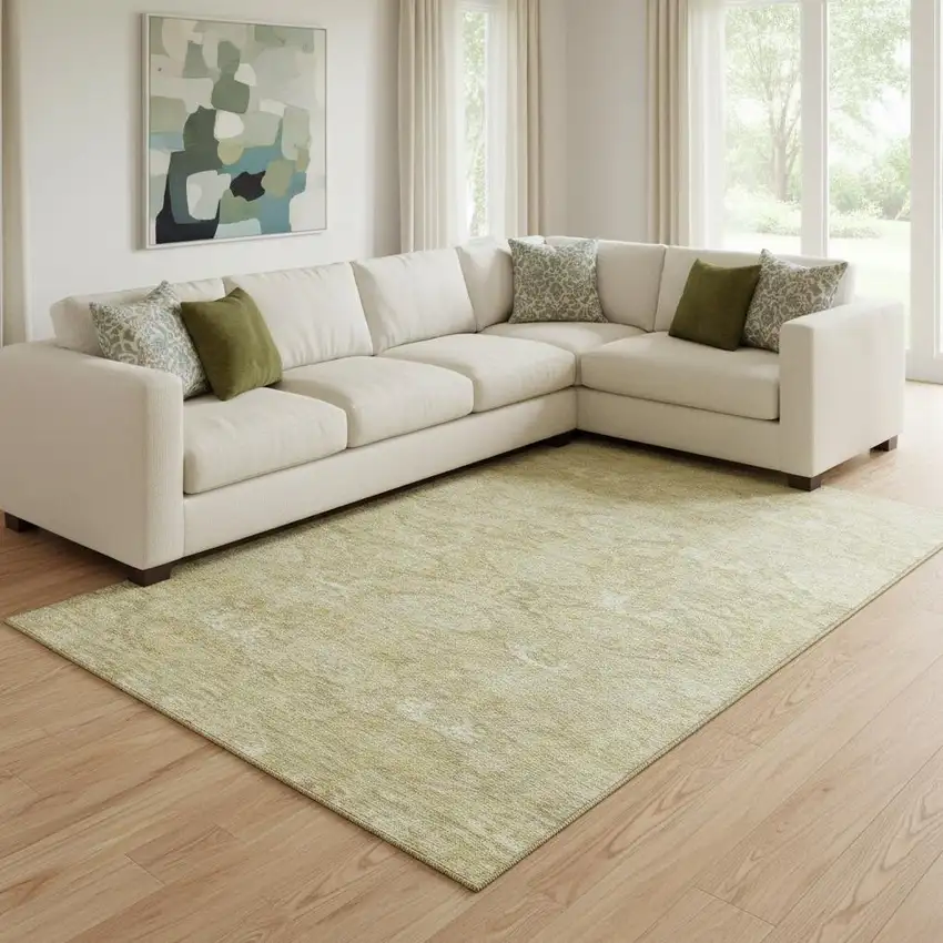 Wheat And Beige Damask Washable Area Rug With UV Protection Photo 2