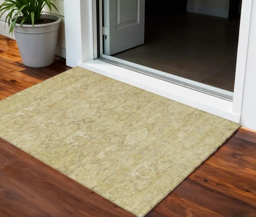 Wheat And Beige Damask Washable Indoor Outdoor Area Rug Photo 1