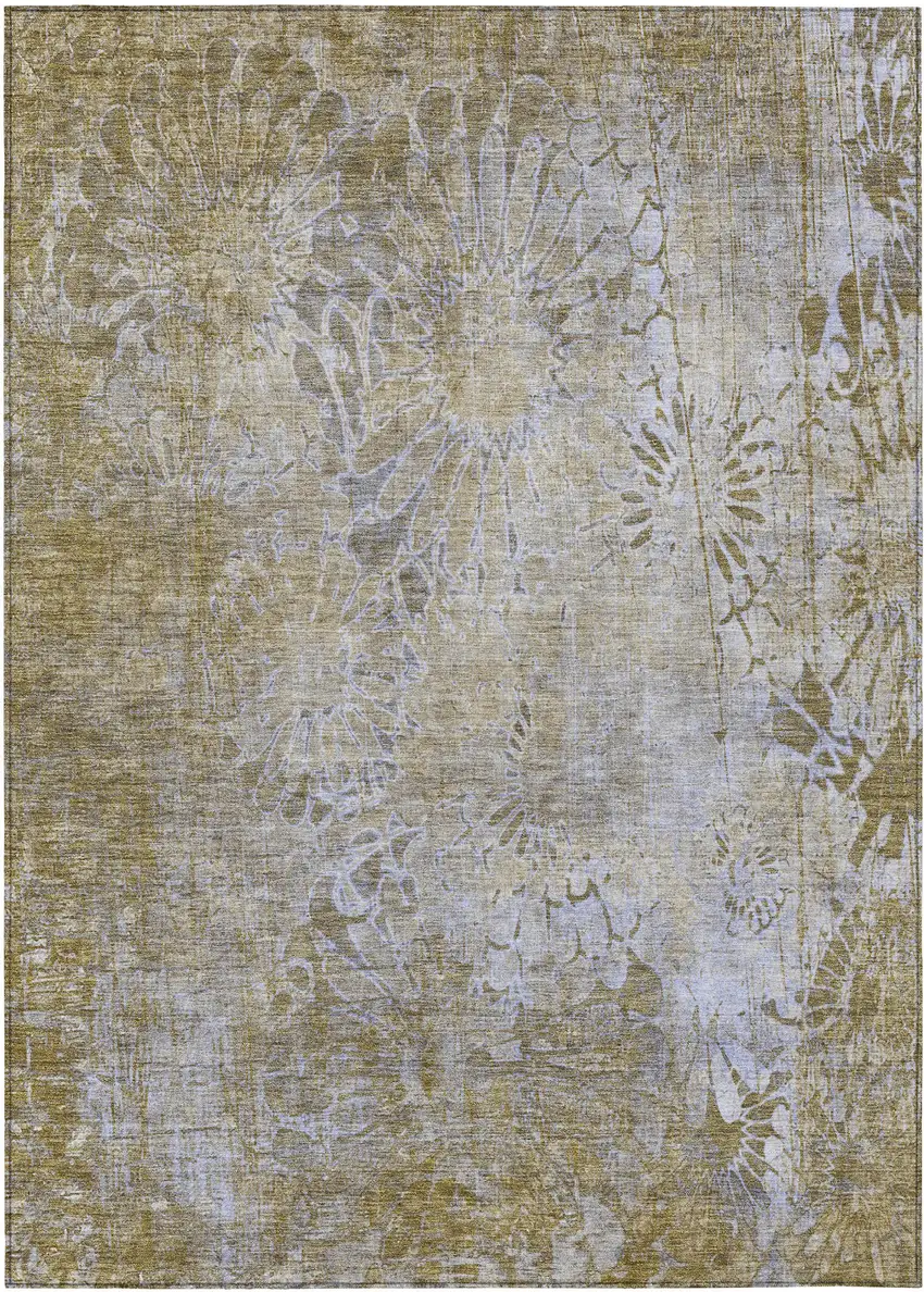 Wheat And Beige Floral Washable Indoor Outdoor Area Rug Photo 2