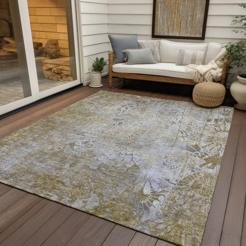Wheat And Beige Floral Washable Indoor Outdoor Area Rug Photo 9