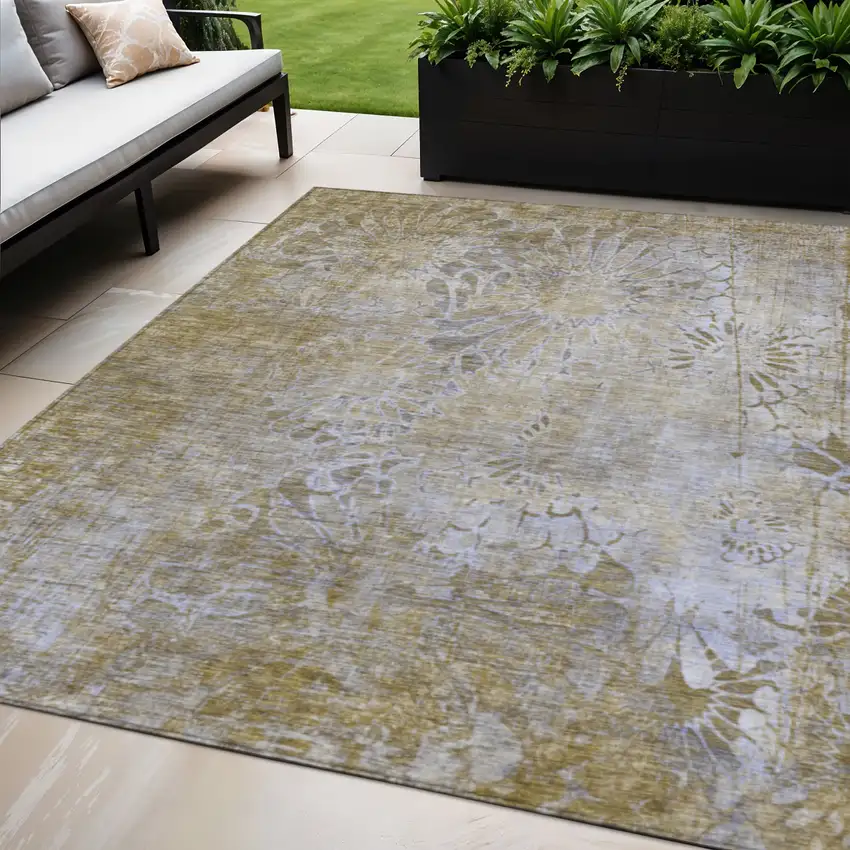 Wheat And Beige Floral Washable Indoor Outdoor Area Rug Photo 1