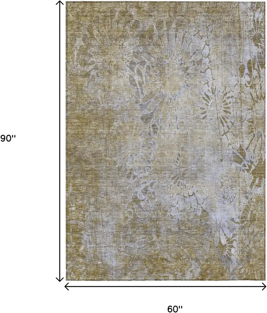 Wheat And Beige Floral Washable Indoor Outdoor Area Rug Photo 3
