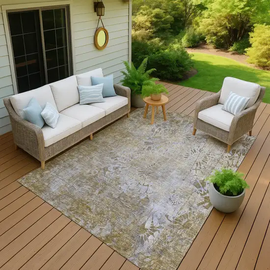 Wheat And Beige Floral Washable Indoor Outdoor Area Rug Photo 6