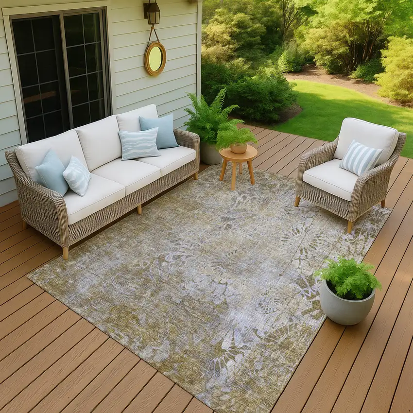 Wheat And Beige Floral Washable Indoor Outdoor Area Rug Photo 6
