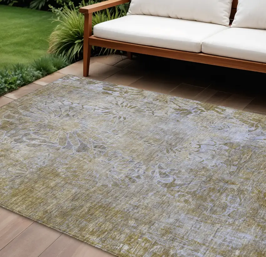 Wheat And Beige Floral Washable Indoor Outdoor Area Rug Photo 1