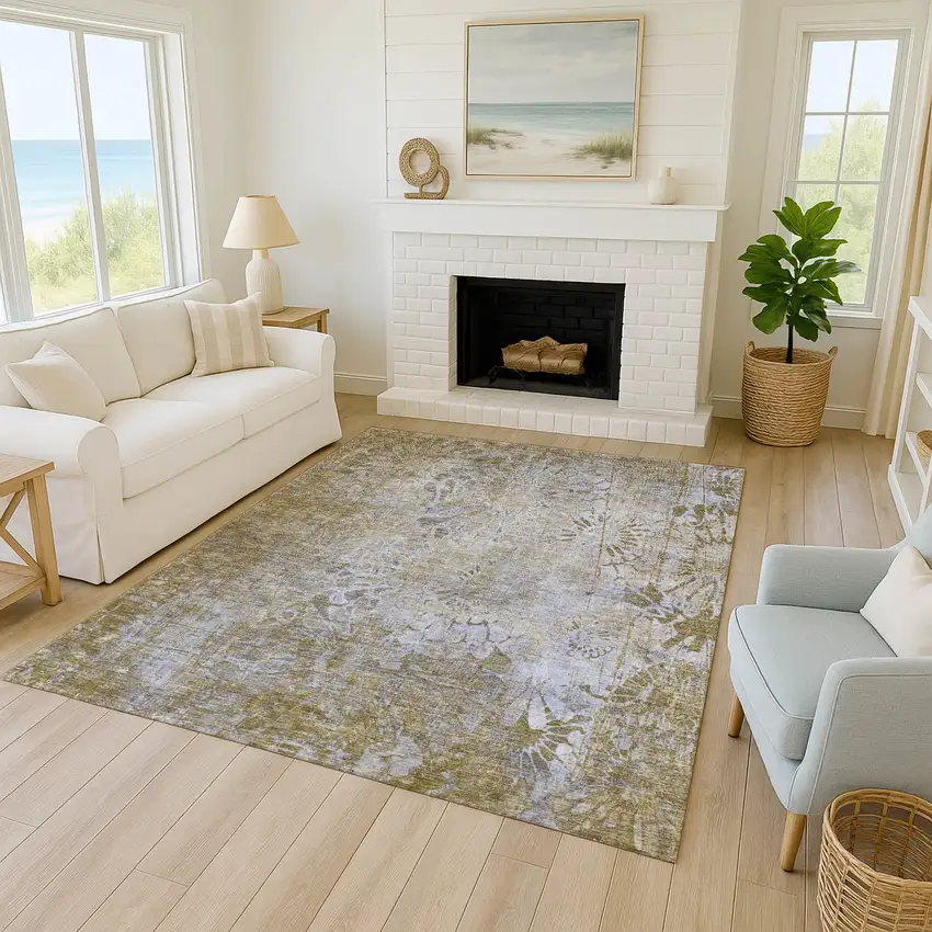 Wheat And Beige Floral Washable Indoor Outdoor Area Rug Photo 7