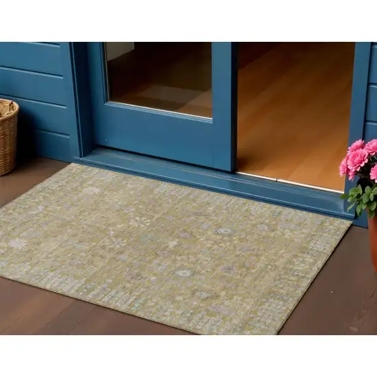 Wheat And Beige Floral Washable Indoor Outdoor Area Rug Photo 1