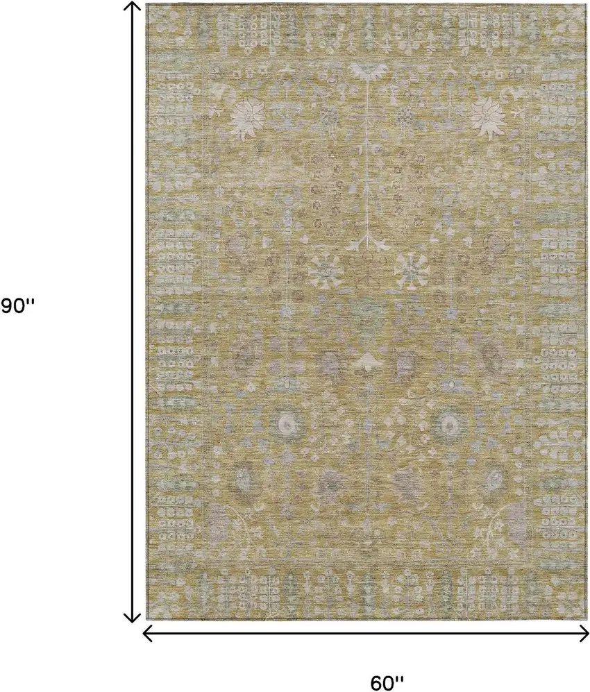 Wheat And Beige Floral Washable Indoor Outdoor Area Rug Photo 3