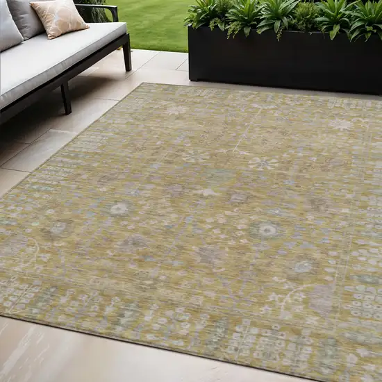 Wheat And Beige Floral Washable Indoor Outdoor Area Rug Photo 1