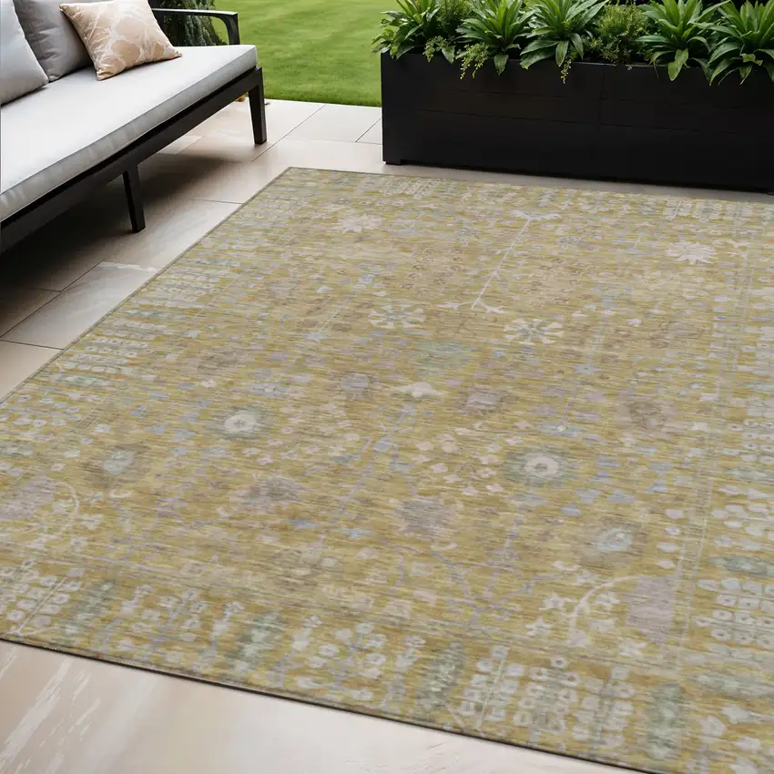 Wheat And Beige Floral Washable Indoor Outdoor Area Rug Photo 1