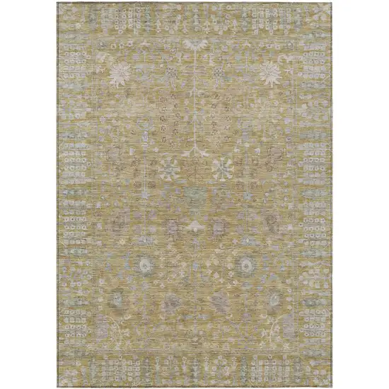 Wheat And Beige Floral Washable Indoor Outdoor Area Rug Photo 2