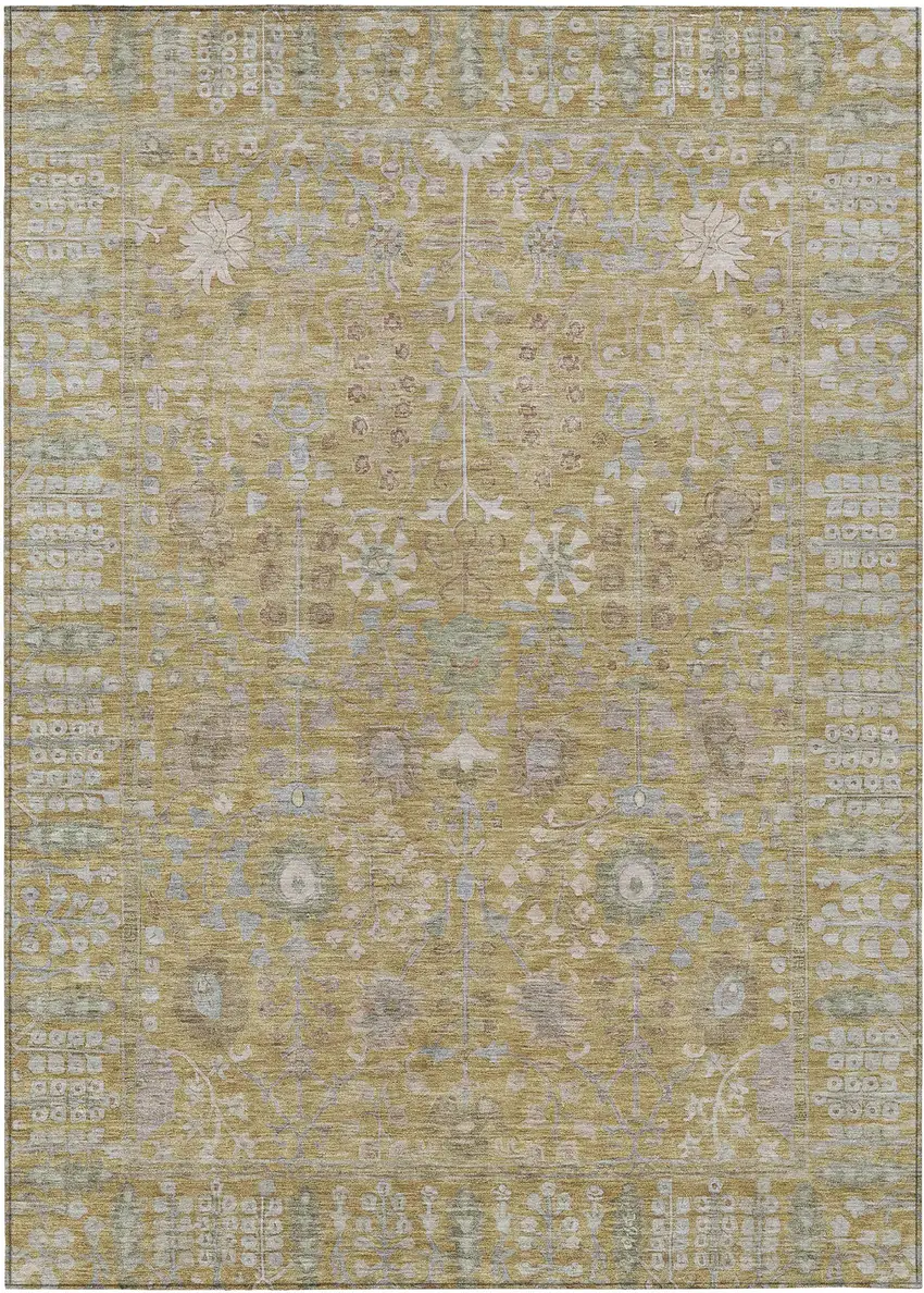 Wheat And Beige Floral Washable Indoor Outdoor Area Rug Photo 2