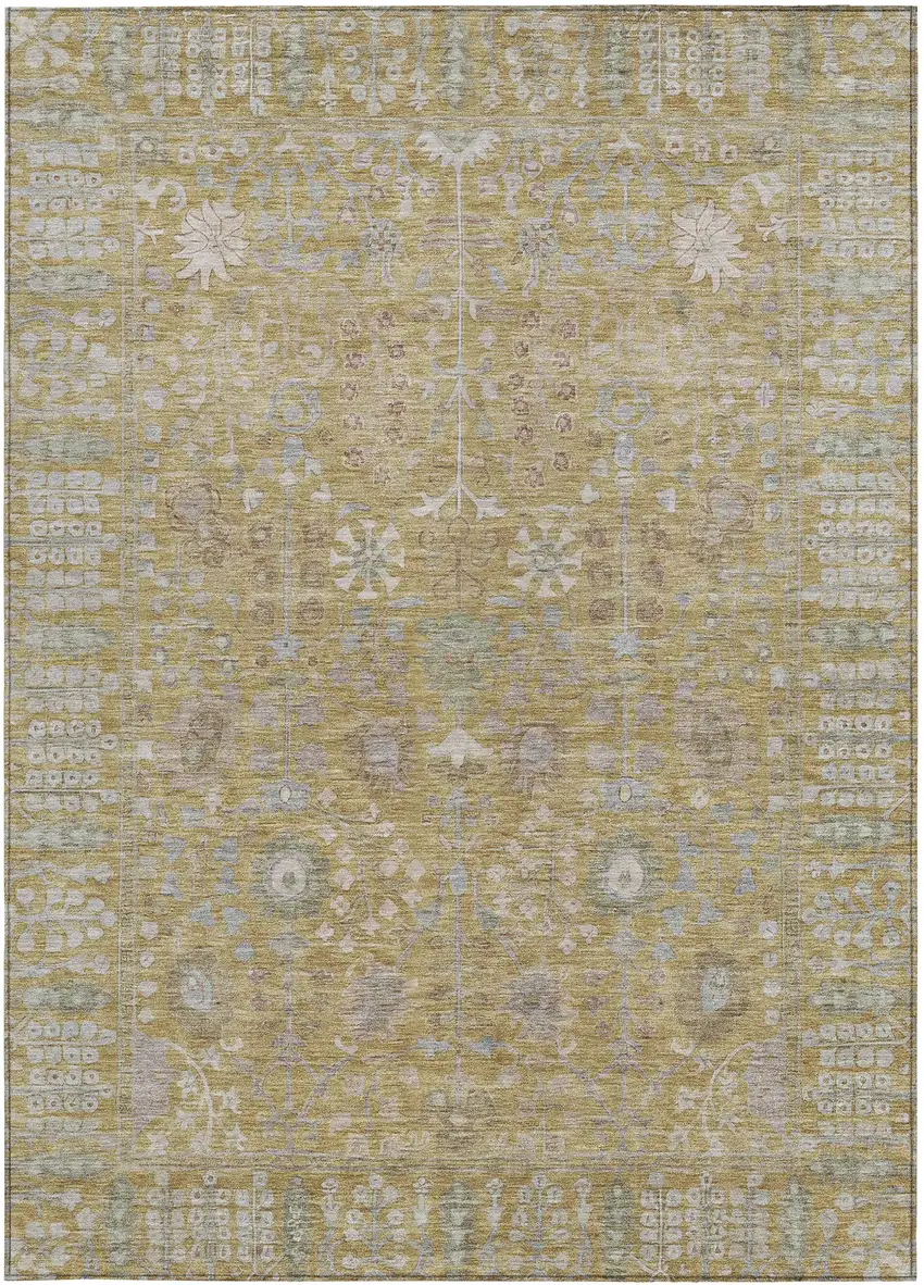 Wheat And Beige Floral Washable Indoor Outdoor Area Rug Photo 4