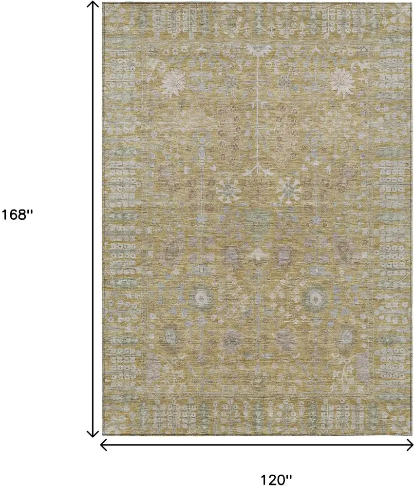 Wheat And Beige Floral Washable Indoor Outdoor Area Rug Photo 3