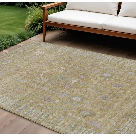Wheat And Beige Floral Washable Indoor Outdoor Area Rug Photo 1