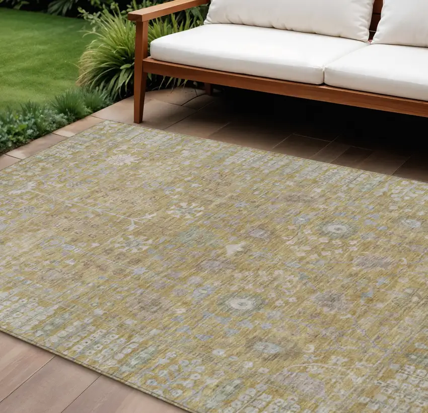 Wheat And Beige Floral Washable Indoor Outdoor Area Rug Photo 1