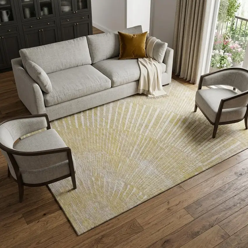 Wheat And Beige Geometric Washable Area Rug With UV Protection Photo 1
