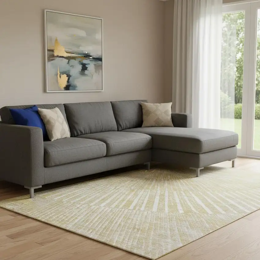 Wheat And Beige Geometric Washable Area Rug With UV Protection Photo 1