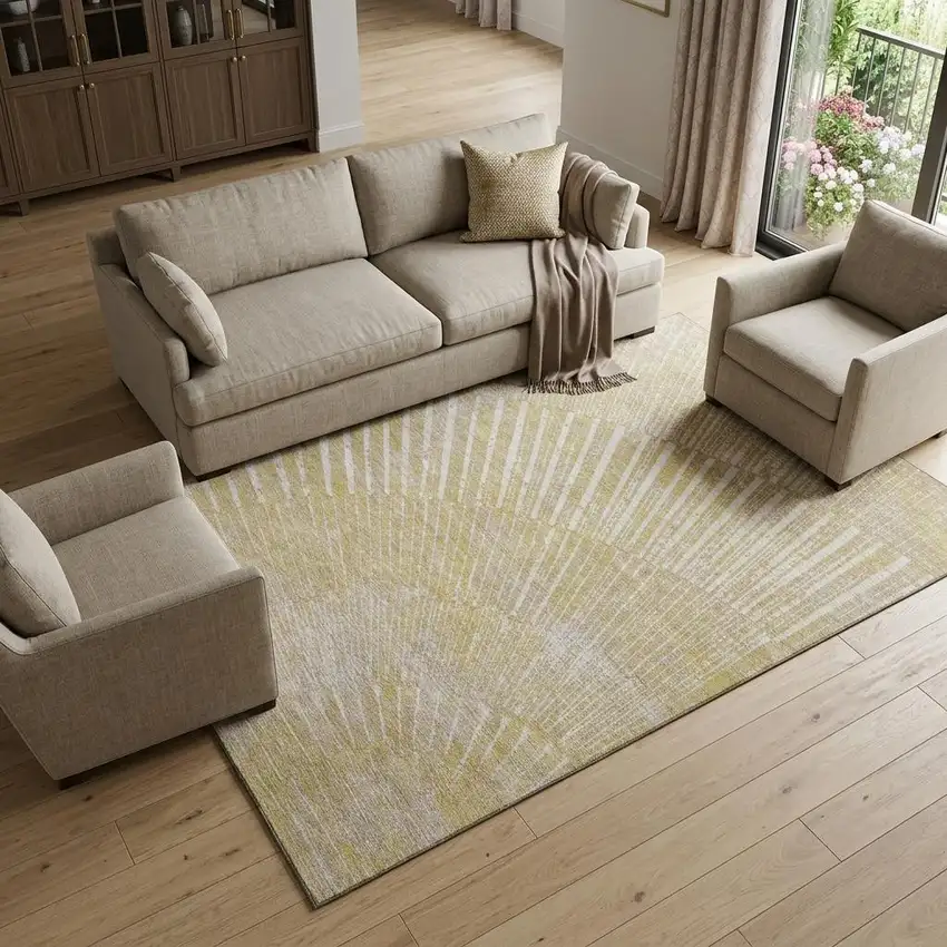 Wheat And Beige Geometric Washable Area Rug With UV Protection Photo 1