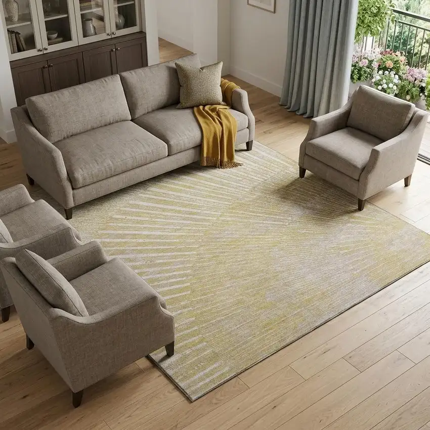 Wheat And Beige Geometric Washable Area Rug With UV Protection Photo 1