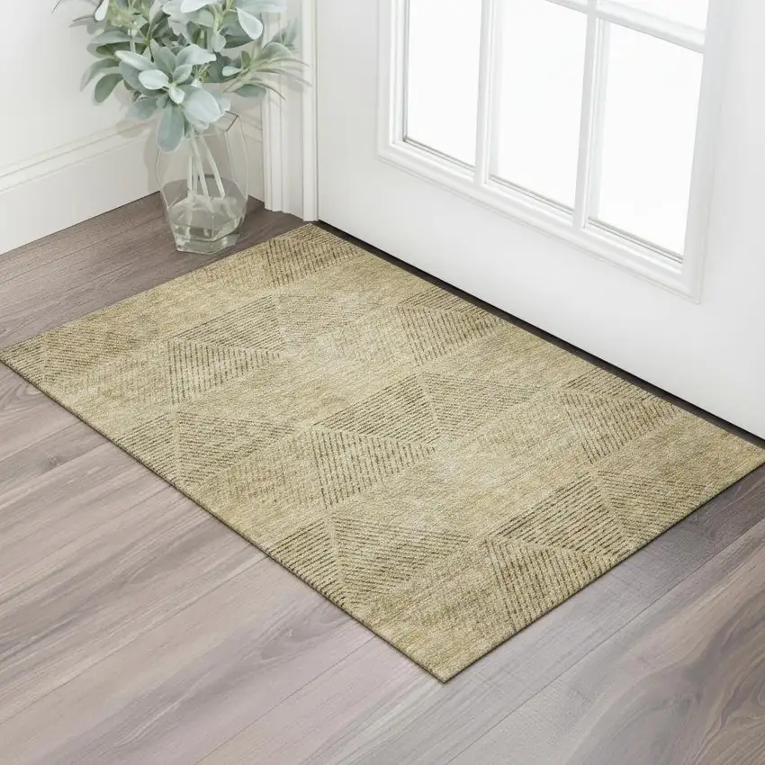 Wheat And Beige Geometric Washable Area Rug With UV Protection Photo 1