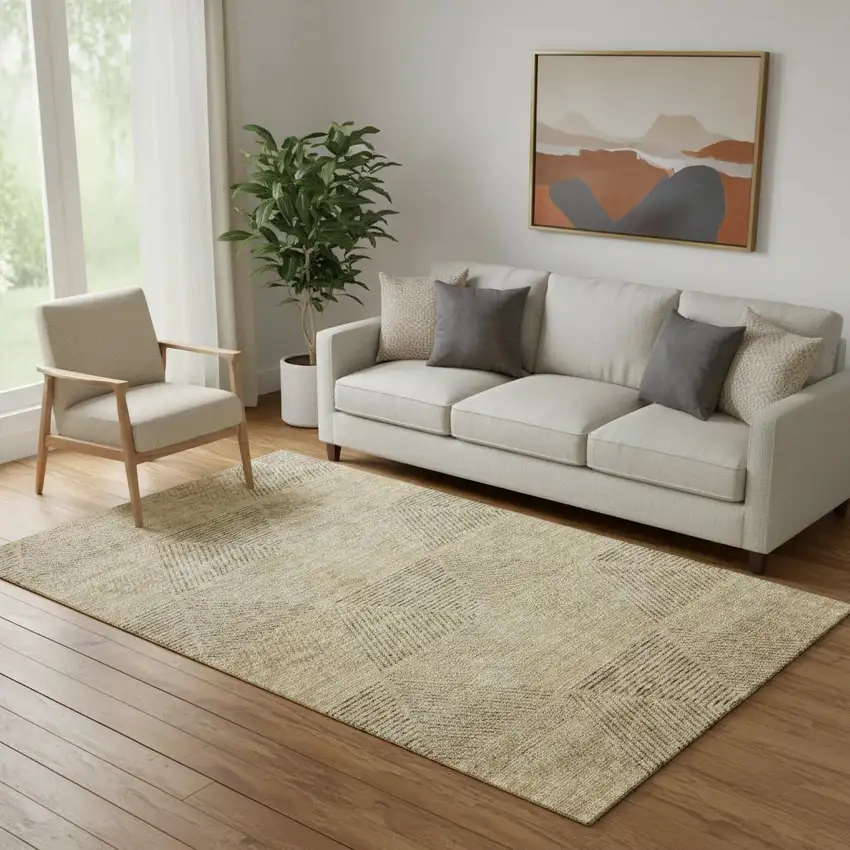 Wheat And Beige Geometric Washable Area Rug With UV Protection Photo 1