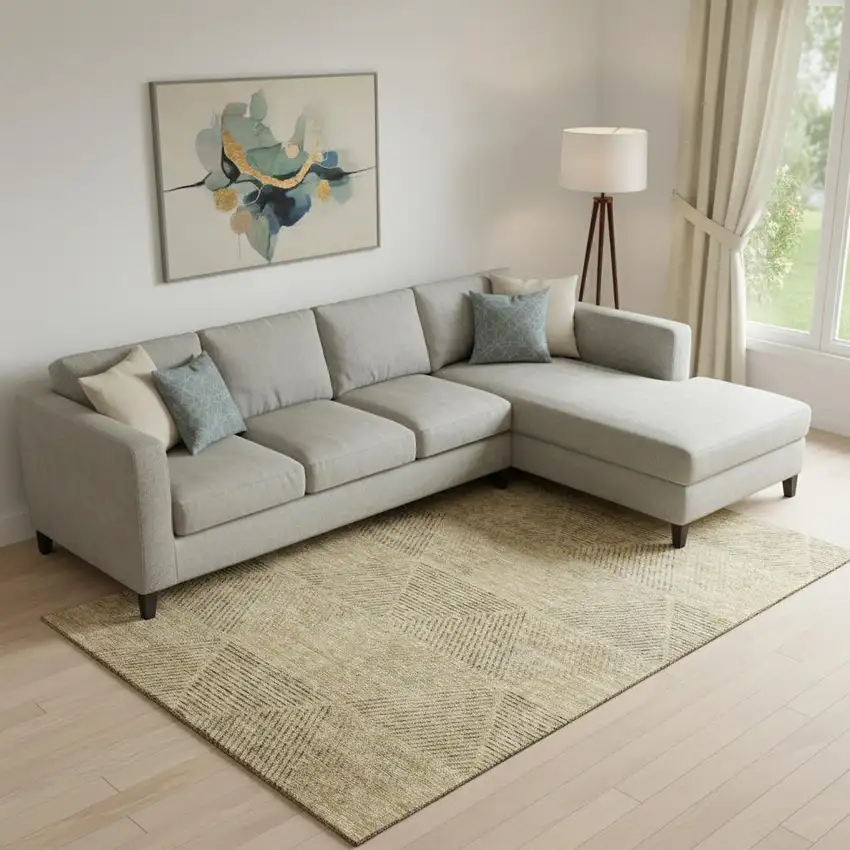 Wheat And Beige Geometric Washable Area Rug With UV Protection Photo 1