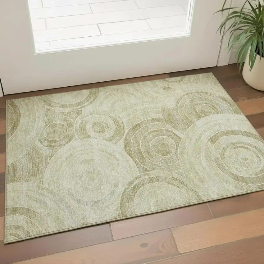 Wheat And Beige Geometric Washable Area Rug With UV Protection Photo 2