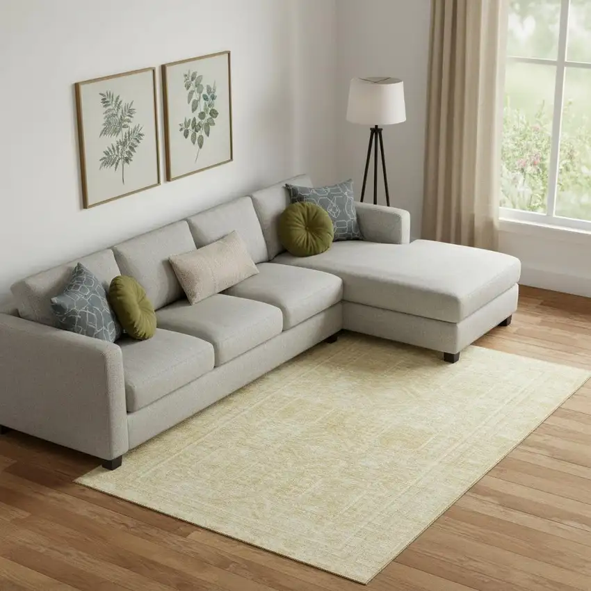 Wheat And Beige Geometric Washable Area Rug With UV Protection Photo 2