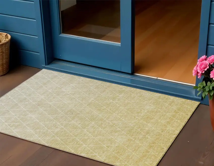 Wheat And Beige Geometric Washable Indoor Outdoor Area Rug Photo 1