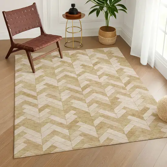 Wheat And Beige Geometric Washable Indoor Outdoor Area Rug Photo 9