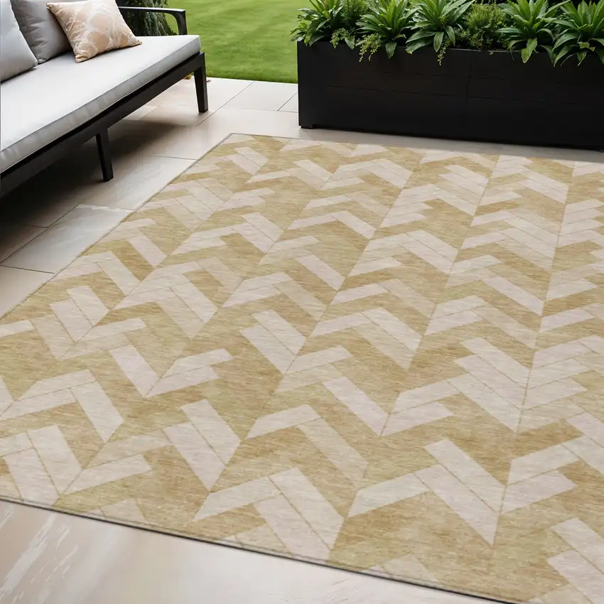 Wheat And Beige Geometric Washable Indoor Outdoor Area Rug Photo 1
