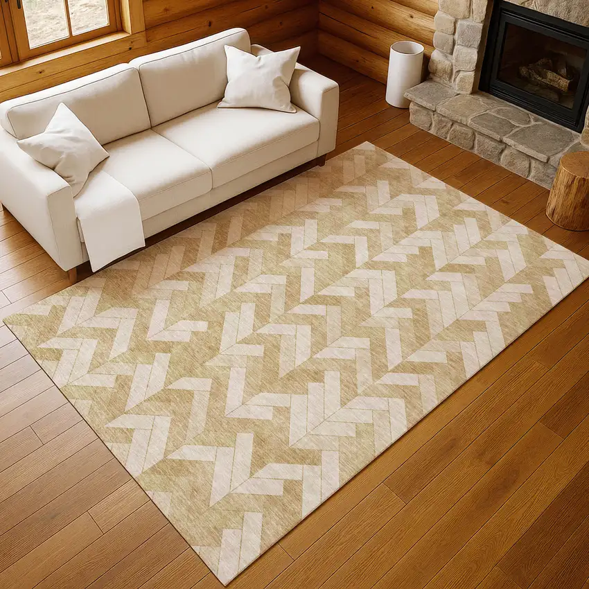 Wheat And Beige Geometric Washable Indoor Outdoor Area Rug Photo 8