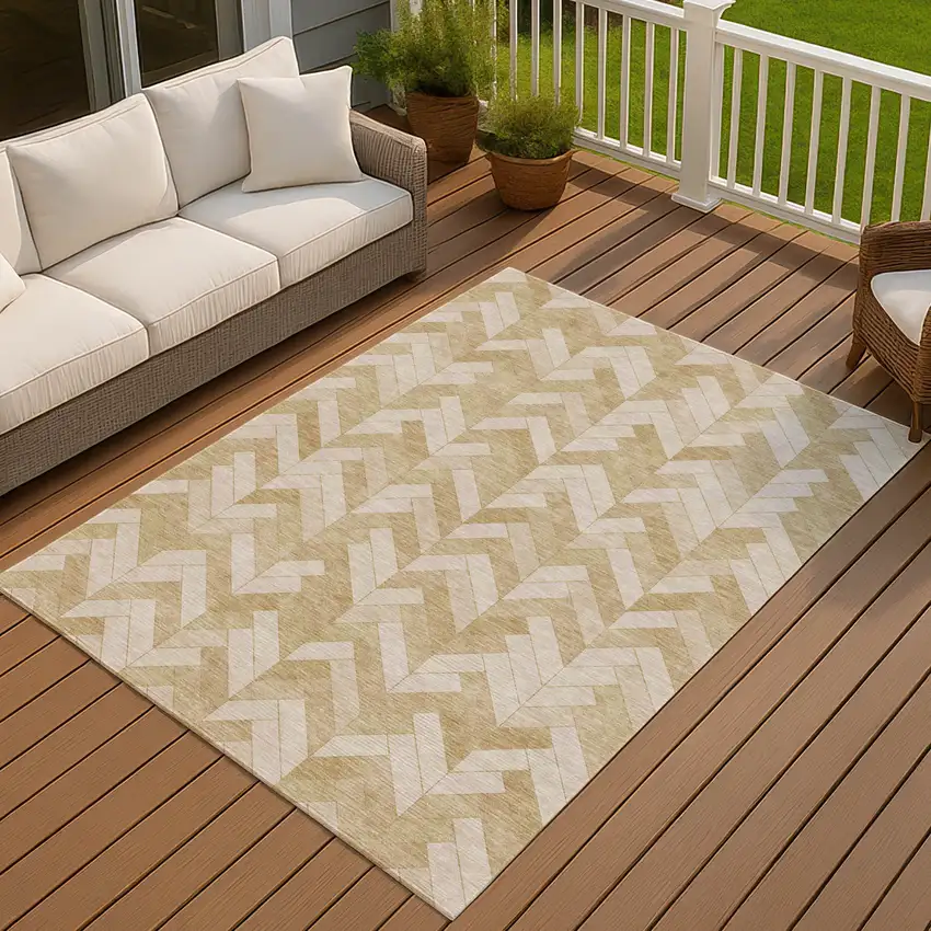 Wheat And Beige Geometric Washable Indoor Outdoor Area Rug Photo 7