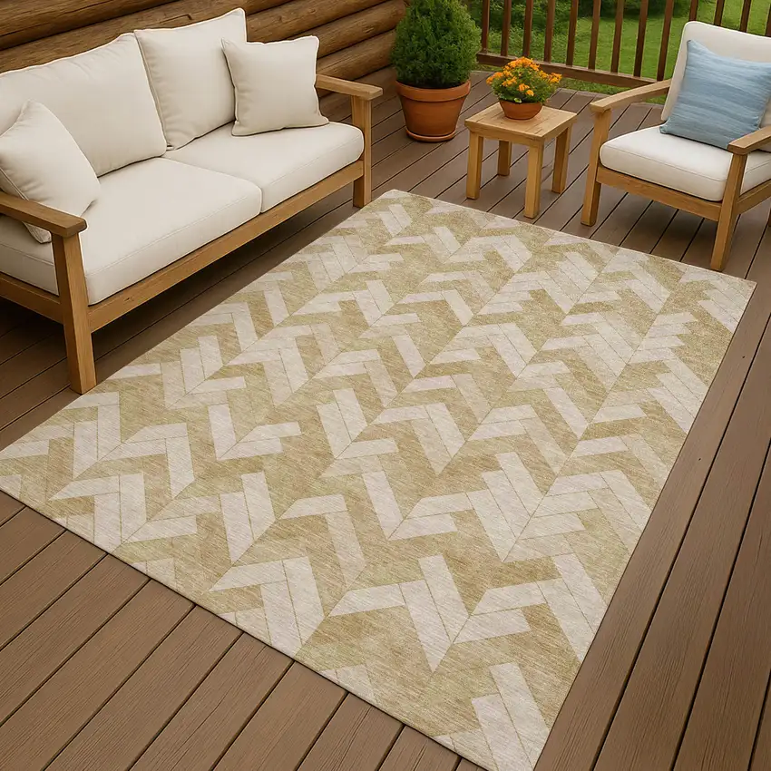 Wheat And Beige Geometric Washable Indoor Outdoor Area Rug Photo 9