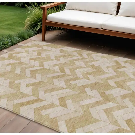 Wheat And Beige Geometric Washable Indoor Outdoor Area Rug Photo 1