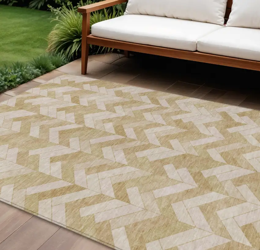 Wheat And Beige Geometric Washable Indoor Outdoor Area Rug Photo 1