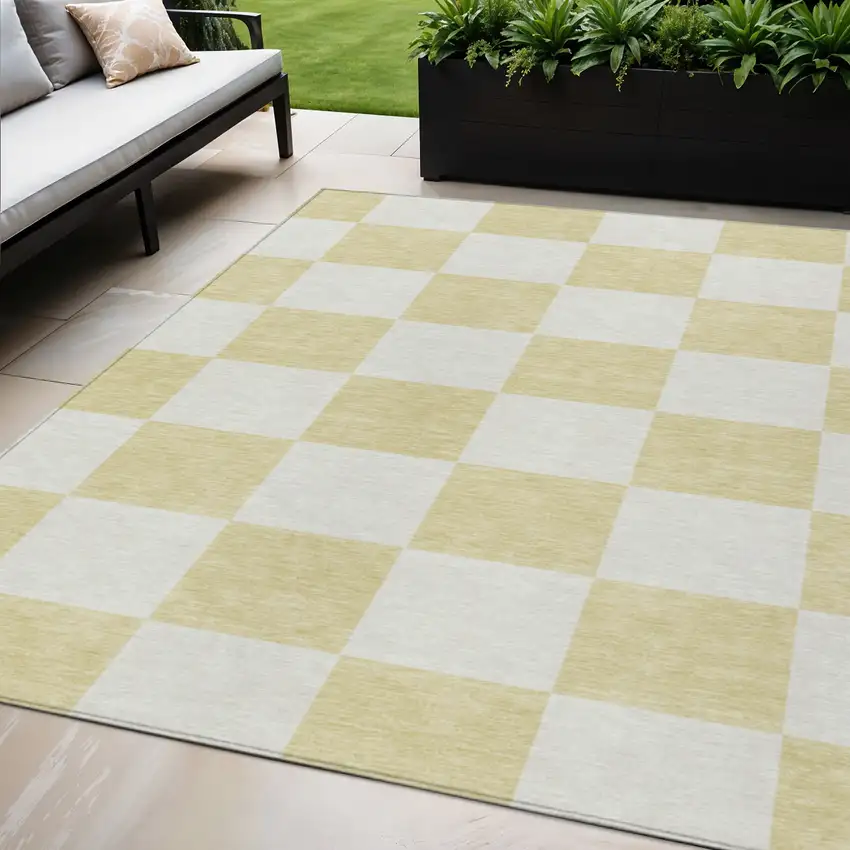 Wheat And Beige Geometric Washable Indoor Outdoor Area Rug Photo 1