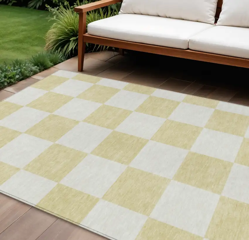 Wheat And Beige Geometric Washable Indoor Outdoor Area Rug Photo 1