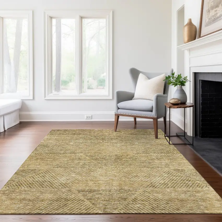 Wheat And Beige Geometric Washable Indoor Outdoor Area Rug Photo 9