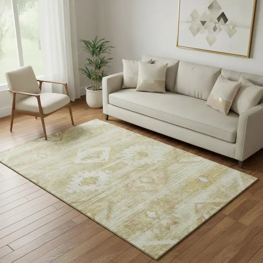 Wheat And Beige Southwestern Washable Area Rug With UV Protection Photo 1