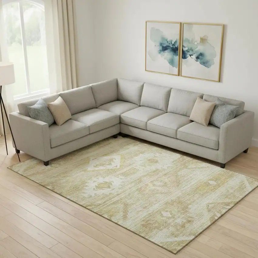 Wheat And Beige Southwestern Washable Area Rug With UV Protection Photo 1