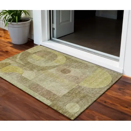 Wheat And Brown Abstract Washable Indoor Outdoor Area Rug Photo 1