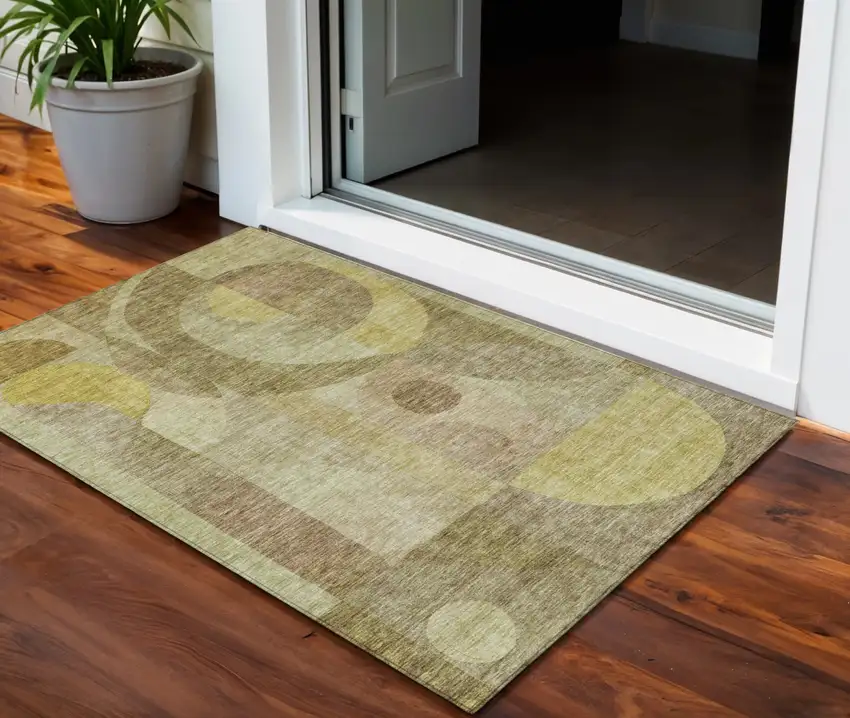 Wheat And Brown Abstract Washable Indoor Outdoor Area Rug Photo 1