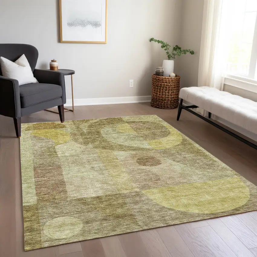 Wheat And Brown Abstract Washable Indoor Outdoor Area Rug Photo 9